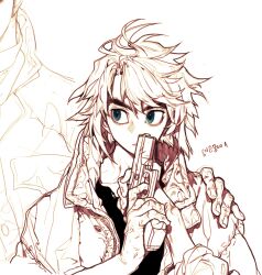  1boy ahoge blue_eyes collared_jacket curly_hair gun gundam gundam_tekketsu_no_orphans hand_on_another's_shoulder holding holding_gun holding_weapon jacket male_focus mikazuki_augus orga_itsuka pigeon666 sanpaku short_hair solo spot_color unfinished upper_body weapon weapon_in_front_of_face 
