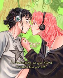  2girls absurdres artist_name black_eyes black_hair black_shirt commentary english_commentary english_text gaz7v7 green_background grey_sweater headphones highres instagram_logo kininatteru_hito_ga_otoko_ja_nakatta koga_mitsuki lyrics multiple_girls oosawa_aya parted_lips pink_eyes pink_hair shirt star_(symbol) star_print sweater twitter_x_logo yuri zoom_layer 