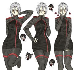  1girl 2girls absurdres android ariane_yeong black_hair blue_eyes elster_(signalis) highres long_hair military_uniform multiple_girls pyonwox_x red_eyes robot_girl short_hair signalis simple_background smile white_hair 