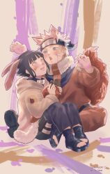  1boy 1girl absurdres animal_ears black_hair black_headband blonde_hair blue_eyes blunt_bangs commentary dirty dirty_face english_commentary forehead_protector fox_boy fox_ears fox_tail grey_jacket headband highres hyuuga_hinata jacket kemonomimi_mode konohagakure_symbol nanimook_kore naruto_(classic) naruto_(series) open-toe_shoes orange_jacket orange_pants paint_splatter pants paw_pose rabbit_ears rabbit_girl short_hair sitting tail uzumaki_naruto violet_eyes 