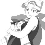  artist_request bare_shoulders beanie between_breasts hareta_(pokemon) hat hug long_hair mitsumi_(pokemon) monochrome open_mouth pokemon ponytail scarf smile wink 