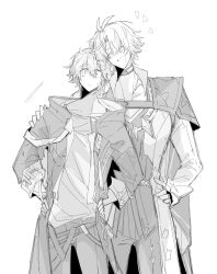  2boys absurdres antenna_hair armor belt blush caelus_(honkai:_star_rail) cape chain chest_belt choker closed_eyes closed_mouth coat collarbone cowboy_shot fingerless_gloves gloves greyscale hair_between_eyes hand_on_another's_shoulder hand_on_own_hip hands_on_own_hips height_difference highres hki_8b honkai:_star_rail honkai_(series) hood hooded_jacket jacket lapels long_sleeves looking_at_another male_focus monochrome multiple_belts multiple_boys neck_tattoo notice_lines open_clothes open_jacket open_mouth phainon_(honkai:_star_rail) pocket_watch shirt short_hair shoulder_armor simple_background single_glove smile standing sun_symbol sun_tattoo sweatdrop t-shirt tattoo trailblazer_(honkai:_star_rail) two-sided_fabric two-sided_jacket watch wide-eyed 