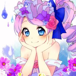  1girl alternate_costume bare_shoulders blue_eyes blue_ribbon blush bw-shiawasenishitai commentary_request flower hair_flower hair_ornament head_on_hands head_rest looking_at_viewer mole mole_under_eye pink_hair pokemon pokemon_black_2_and_white_2 purple_flower ribbon side_ponytail solo upper_body yancy_(pokemon) 