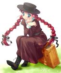  anne_of_green_gables anne_shirley aqua_eyes belt boots braid chin_rest dress flower hat jpeg_artifacts long_hair long_sleeves mitsumomo_mamu red_hair ribbon shoes simple_background sitting solo suitcase twin_braids 