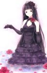  bare_shoulders black_hair breasts brown_eyes chisa cleavage elbow_gloves flower gloves hair_ornament hat lolita_fashion original outstretched_hand purple rose sleeveless solo water 