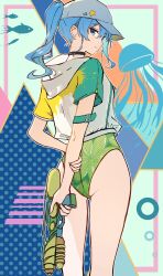  1girl ass baseball_cap blue_eyes blue_hair choker fish hat highres hololive hoshimachi_suisei kurony_(sirony) looking_back ponytail star_(symbol) water_gun 