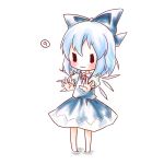  &gt;:3 :3 barefoot blue_hair bow chibi cirno dress hair_bow hands kuromame_(8gou) large_bow outstretched_arms short_hair solo touhou ⑨ 