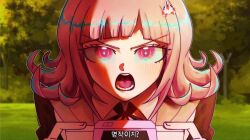  1girl anonymity_(yuna1428) collared_shirt danganronpa_(series) danganronpa_3_(anime) day forest handheld_game_console highres holding holding_handheld_game_console hope's_peak_academy_school_uniform jacket long_hair long_sleeves nanami_chiaki nature outdoors school_uniform shirt solo white_shirt 