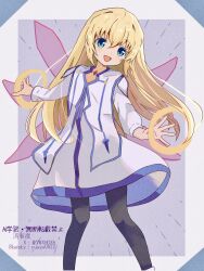  1girl 7wxhuxh aqua_eyes black_pantyhose blonde_hair bluesky_username colette_brunel gem hair_between_eyes head_tilt highres long_hair looking_at_viewer open_mouth pantyhose red_gem smile solo standing tabard tales_of_(series) tales_of_symphonia transparent_wings twitter_username white_tabard wings 