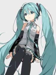  1girl aqua_eyes aqua_hair aqua_necktie black_sleeves boots closed_mouth commentary detached_sleeves feet_out_of_frame grey_background grey_shirt hatsune_miku highres invisible_chair long_hair long_sleeves miniskirt necktie pleated_skirt pure_(cookieby) shirt simple_background sitting skirt sleeveless sleeveless_shirt smile solo thigh_boots twintails very_long_hair vocaloid 
