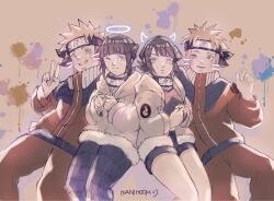  2boys 2girls aged_down black_hair black_headband blonde_hair blue_eyes blunt_bangs commentary dual_persona forehead_protector grey_jacket grin headband highres hyuuga_hinata index_finger_raised jacket multiple_boys multiple_girls namikaze_menma nanimook_kore naruto_(classic) naruto_(series) naruto_shippuuden open_clothes open_jacket orange_jacket paint_splatter ponytail road_to_ninja:_naruto_the_movie short_ponytail short_shorts shorts signature smile uzumaki_naruto v violet_eyes 