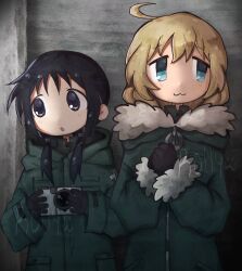  2girls :3 ahoge artist_name black_gloves black_hair blonde_hair blue_eyes camera chito_(shoujo_shuumatsu_ryokou) coat fur-trimmed_coat fur_trim gloves green_coat highres holding holding_camera low_twintails military_uniform multiple_girls pocket rolly_(kuximly) shoujo_shuumatsu_ryokou tareme twintails yuuri_(shoujo_shuumatsu_ryokou) 