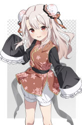  1girl absurdres akaneko016 black_sleeves blush breasts bun_cover double_bun dress fate/kaleid_liner_prisma_illya fate_(series) floral_print hair_bun hair_ribbon highres illyasviel_von_einzbern long_hair long_sleeves looking_at_viewer open_mouth red_dress red_eyes ribbon shorts sidelocks sleeves_past_fingers sleeves_past_wrists small_breasts smile solo thighs white_hair white_shorts 