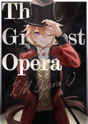  1girl ;) absurdres adjusting_clothes adjusting_headwear animal_ears arm_behind_back black_hat cane character_name chinese_commentary closed_mouth commentary_request cosplay cursive english_text hair_between_eyes hat highres holding holding_cane horse_ears horse_girl horse_tail jacket kaulen.f long_sleeves looking_at_viewer one_eye_closed orange_hair orange_tail p.t._barnum p.t._barnum_(cosplay) red_jacket shirt short_hair smile solo t.m._opera_o_(umamusume) tail the_greatest_showman top_hat umamusume violet_eyes 