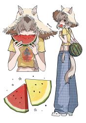  1girl animal_ears blue_eyes blue_pants closed_eyes eating food food_in_mouth fruit grey_hair grey_tail hair_between_eyes hat highres holding holding_food holding_fruit horse_ears horse_girl horse_tail long_hair midriff multicolored_hair oguri_cap_(umamusume) oromnt pants popsicle sandals shirt short_sleeves straw_hat sun_hat tail umamusume watermelon watermelon_bar yellow_shirt 