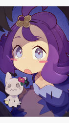  1girl :o absurdres acerola_(pokemon) afuron alternate_color blue_dress blue_eyes blush_stickers collarbone commentary dress hair_ornament hairclip highres looking_up medium_hair mimikyu open_mouth pokemon pokemon_(anime) pokemon_(creature) pokemon_the_series:_sun_&amp;_moon purple_hair shiny_pokemon short_sleeves stitches 