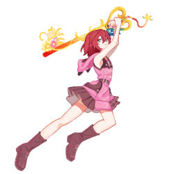  1girl aqua_eyes bare_arms bare_shoulders black_boots boots dress fighting_stance flat_chest full_body hair_between_eyes highres holding holding_weapon hood hood_down hooded_dress kairi_(kingdom_hearts) keyblade kingdom_hearts kingdom_hearts_iii medium_hair parted_lips pink_dress pleated_dress red_hair solo weapon white_background yomyompi 