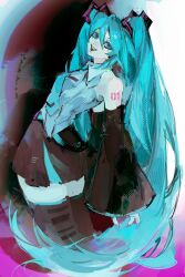 1girl aqua_eyes aqua_hair aqua_necktie aqua_trim arms_behind_back bare_shoulders black_boots black_skirt black_sleeves boots breasts collared_shirt cowboy_shot detached_sleeves grey_shirt hair_between_eyes hatsune_miku highres leaning_back long_hair looking_at_viewer medium_breasts mivvv necktie number_tattoo open_mouth sharp_teeth shirt shoulder_tattoo skirt sleeveless sleeveless_shirt smile solo tattoo teeth thigh_boots twintails vocaloid 