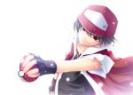  bad_id baseball_cap black_hair fingerless_gloves gloves hat holding holding_poke_ball jacket male mao_(core) outstretched_arm poke_ball pokemon pokemon_(game) popped_collar red_(pokemon) red_(pokemon)_(classic) red_eyes short_hair short_sleeves simple_background snow solo white_background 