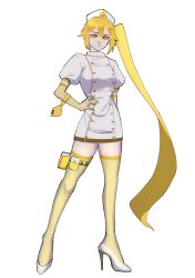  1girl :t absurdres akita_neru antenna_hair buttons cross double-breasted elbow_gloves full_body gloves hair_between_eyes hand_on_own_hip hat high_heels highres long_hair nurse nurse_cap pouch puffy_short_sleeves puffy_sleeves shoes short_sleeves side_ponytail sidelocks simple_background solo takeurae thigh-highs thigh_pouch thigh_strap very_long_hair vocaloid white_background white_shoes yellow_eyes yellow_gloves yellow_thighhighs zettai_ryouiki 