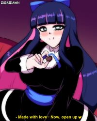  1girl aqua_eyes artist_name back_bow black_dress blue_bow blush bob_cut bow breasts candy chocolate colored_inner_hair couch dress food gothic_lolita heart heart-shaped_chocolate heart-shaped_food highres holding holding_candy holding_food large_breasts lolita_fashion multicolored_hair panty_&amp;_stocking_with_garterbelt purple_hair sidelocks smile stocking_(psg) subtitled zuiridawn 