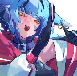  1girl :d absurdres animal_collar animal_ear_fluff animal_ears blue_hair blush collar commentary earrings highres hoop_earrings jacket jewelry looking_at_viewer open_mouth original red_hood sidelocks simple_background smile solo untranslatable_commentary user_fpjp5487 v white_background yellow_eyes 