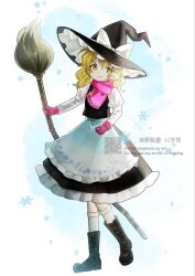  1girl apron black_hat black_skirt black_vest blonde_hair blush_stickers boots bow broom brown_boots closed_mouth commentary_request full_body gloves hat hat_bow hidden_star_in_four_seasons highres holding holding_broom kirisame_marisa kneehighs long_hair looking_at_viewer official_alternate_costume pink_gloves pink_scarf print_apron qr_code rokuya_(68_zusao) scarf single_blush_sticker skirt smile snowflake_print snowflakes socks solo touhou vest waist_apron watermark white_apron white_socks witch_hat yellow_eyes 