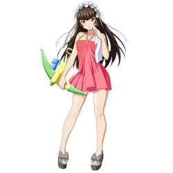  1girl bare_arms bare_legs bare_shoulders black_sandals bow bow_(weapon) bow_hairband breasts brown_eyes brown_hair closed_mouth collarbone dress earrings footwear_bow frilled_hairband frills full_body game_asset grey_bow hairband hairband_ribbon hand_towel holding holding_towel ikkitousen ikkitousen_extra_burst jewelry long_hair looking_at_viewer magatama magatama_earrings non-web_source official_art pink_dress platform_sandals ribbon sandals self-datamine simple_background sleeveless sleeveless_dress small_breasts smile solo spaghetti_strap ten'i_(ikkitousen) towel transparent_background variant_set water_gun weapon wet wet_clothes wet_dress white_bow white_hairband white_ribbon 