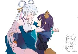  3girls ahoge bare_shoulders blue_nails cho_kaguya-hime! closed_eyes commentary crab detached_sleeves english_text facing_another forehead_jewel green_eyes grey_hair hair_ornament hair_rings hair_stick ini_yoy kaguya_(cho_kaguya-hime!) long_sleeves looking_at_another multicolored_hair multiple_girls open_mouth partially_colored pink_hair purple_nails romaji_text runami_yachiyo runami_yachiyo_(kassen) runami_yachiyo_(tsukuyomi) sakayori_iroha sakayori_iroha_(tsukuyomi) simple_background sitting sitting_on_lap sitting_on_person sketch two-tone_hair white_background wide_sleeves yuri 