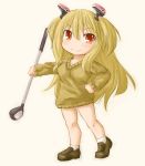  1girl bare_legs blonde_hair chibi flats golf_club hair_ornament hand_on_hip kasuga_yukihito long_hair no_pants pangya panties red_eyes smile solo spika_(pangya) sweater underwear v-neck 