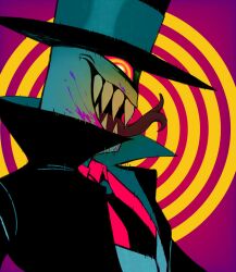  1boy 8k8n8 black_coat black_hat_(villainous) black_necktie blood coat collared_shirt colored_blood hat highres looking_at_viewer male_focus necktie open_clothes open_coat open_mouth profile purple_blood red_shirt ringed_eyes sharp_teeth shirt smile solo teeth tongue tongue_out top_hat upper_body vest villainous 