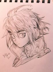  1boy ahoge collared_jacket cropped_shoulders curly_hair graphite_(medium) gundam gundam_tekketsu_no_orphans jacket looking_at_viewer male_focus mikazuki_augus photo_(medium) pigeon666 sanpaku short_hair solo traditional_media wide-eyed 