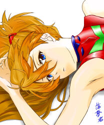  1girl armpits blue_eyes bodysuit breasts closed_mouth commentary_request hair_between_eyes hair_spread_out hand_on_own_head highres interface_headset_(evangelion) invisible_floor long_hair looking_at_viewer lying mecha_pilot_suit neon_genesis_evangelion on_back orange_hair plugsuit_(evangelion) red_bodysuit signature simple_background solo souryuu_asuka_langley two_side_up user_musyamusya white_background 