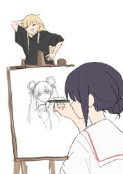  2girls arm_behind_head black_shirt cho_kaguya-hime! closed_eyes commentary drawing_(action) drawing_(object) hair_bun hair_ornament hair_rings hair_stick halterneck hand_on_own_hip head_and_hip_pose ini_yoy kaguya_(cho_kaguya-hime!) multiple_girls open_mouth posing runami_yachiyo sakayori_iroha shirt short_sleeves single_hair_bun sketch smile twintails white_background white_shirt 