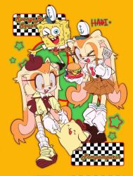 3mia_hadi3 animal_ears artist_name blue_eyes brown_hat brown_skirt burger character_name color_connection cosplay cream_the_rabbit crossover dog dog_boy dog_ears east-west_crossover food hat holding holding_burger holding_food holding_spatula multiple_views necktie non-web_source one_eye_closed orange_eyes pompompurin pompompurin_(cosplay) rabbit_girl red_necktie sanrio skirt spatula spongebob_squarepants spongebob_squarepants_(cosplay) spongebob_squarepants_(series) suspender_skirt suspenders yellow_background yellow_dog yellow_theme