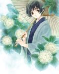  axis_powers_hetalia black_hair brown_eyes flower japan_(hetalia) japanese_clothes kotobuki-a male oriental_umbrella short_hair smile solo umbrella 