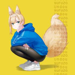  1girl absurdres animal_ear_fluff animal_ears asymmetrical_sidelocks black_leggings blonde_hair blue_hoodie egq912 egq912_(artist) fox_ears fox_girl fox_tail green_eyes green_nails hairband head_rest highres hood hood_down hoodie indie_virtual_youtuber leggings legs_folded legs_together looking_at_viewer nail_polish romaji_text self-portrait shoes short_hair sidelocks simple_background sneakers solo squatting tail turning_head virtual_youtuber white_hairband white_shoes yellow_background 