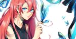  1girl blue_eyes butterfly butterfly_on_hand long_hair looking_at_viewer megurine_luka pink_hair sleeveless solo vocaloid 
