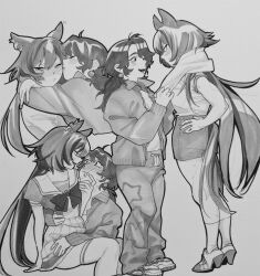  2girls :3 arm_around_another's_waist arms_around_neck averting_eyes baggy_pants blush bow closed_eyes commentary ear_ornament ear_wiggle earrings embarrassed english_commentary female_trainer_(umamusume) grabbing_another's_chin greyscale hair_between_eyes hand_on_another's_chin hand_on_another's_thigh hands_on_own_hips highres horseshoe_ornament hug jacket jewelry kiss kissing_cheek kneehighs long_hair looking_at_another low_ponytail monochrome multicolored_hair multiple_girls multiple_views one_eye_closed open_clothes open_jacket pants pleated_skirt ponytail samipeko school_uniform shirt shoes shorts simple_background sirius_symboli_(umamusume) skindentation skirt smile smirk socks streaked_hair sweat teeth towel towel_around_neck tracen_school_uniform traditional_media trainer_(umamusume) umamusume v-shaped_eyebrows very_long_hair white_background yuri 