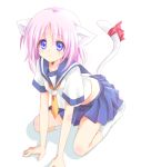  blue_eyes cat_ears cat_tail kneeling original pink_hair rai_(artist) ribbon school_uniform serafuku solo tail tail_ribbon 