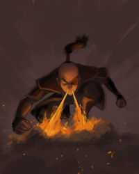  1boy armor avatar:_the_last_airbender avatar_legends black_hair bryan_konietzko fire grey_background highres looking_at_viewer official_art ponytail pyrokinesis red_armor scar scar_across_eye scar_on_face serious shoulder_armor smoke solo squatting yellow_eyes zuko 