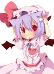  blush face fang hands_on_head hat kemonomimi_mode looking_at_viewer purple_hair red_eyes remilia_scarlet rowtan short_hair simple_background tears touhou 