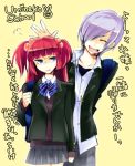  angry bad_id blue_eyes cosmic_comic hair_bobbles hair_ornament ico_(pekoguest) petting red_hair redhead school_uniform silver_hair translation_request umineko_no_naku_koro_ni ushiromiya_ange 