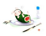  fork highres knife monster_hunter pig plate poogie watermelon_print 