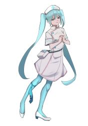  1girl absurdres aqua_eyes aqua_hair aqua_necktie aqua_socks buttons closed_mouth commentary_request double-breasted dress full_body hair_between_eyes hat hatsune_miku highres long_hair looking_at_viewer necktie nurse nurse_cap own_hands_clasped own_hands_together shoes short_sleeves sidelocks simple_background socks solo takeurae tie_clip twintails very_long_hair vocaloid white_background white_dress white_shoes wing_collar 