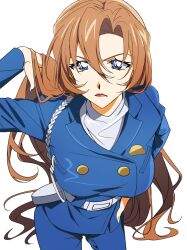  1girl 77_orangeboy absurdres belt_pouch blue_eyes commentary_request eyelashes from_above hagiwara_chihaya hair_between_eyes hand_on_own_hip highres long_hair meitantei_conan police police_uniform policewoman pouch red_lips solo 