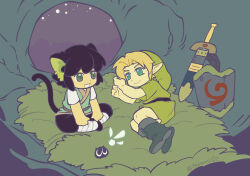  2boys animal_ears black_hair blonde_hair boots cat cat_ears cat_tail cave closed_mouth deku_shield green_tunic highres link looking_at_another luo_xiaohei luo_xiaohei_(cat) luo_xiaohei_(human) male_focus multiple_boys navi pointy_ears shield sidelocks sitting smile tail the_legend_of_luo_xiaohei the_legend_of_zelda the_legend_of_zelda:_ocarina_of_time tsunamio7 tunic young_link 