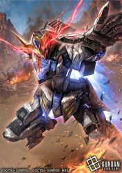  copyright_logo copyright_name copyright_notice eye_trail fire glowing glowing_eyes gundam gundam_barbatos_lupus gundam_card_game gundam_tekketsu_no_orphans light_trail logo mecha mecha_focus mobile_suit no_humans outdoors reaching reaching_towards_viewer red_eyes robot science_fiction smoke solo thrusters v-fin yukishiro_chifuyu 