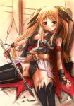 bardiche blonde_hair fate_testarossa hair_ribbon highres mahou_shoujo_lyrical_nanoha red_eyes ribbon thigh-highs thighhighs torn_clothes traditional_media twintails wadapen 