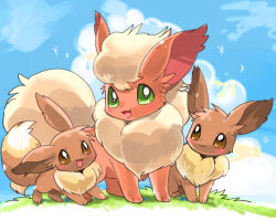  :3 :d animal_focus blue_sky blush brown_eyes clouds commentary_request eevee flareon fluffy fox full_body grass green_eyes light_blush looking_at_viewer no_humans open_mouth outdoors pokemon pokemon_(creature) pokemon_focus sky smile standing suppainu 